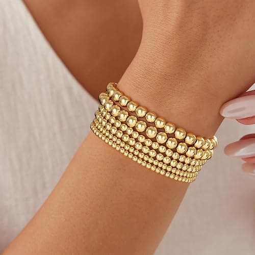 Eaciy Gold Bracelets for Women, 14K Gold Plated Beaded Bracelets Gold Strand Bead Ball Bracelet Stack Set Adjustable Bracelet Set Waterproof Jewelry for Women Gifts Non Tarnish - 03-6PCS thumbnail 4