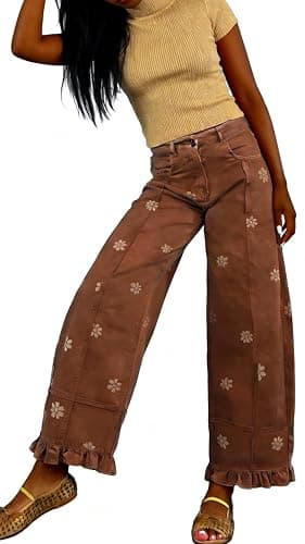 utcoco Barrel Jeans Women 2026 Floral Print Wide Leg Jeans Y2k Patchwork Baggy Boyfriend Denim Pants thumbnail 5