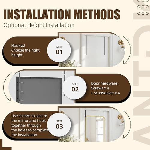 Antok Over The Door Mirror Full Length, 49'' x 14''Wall Mounted Hanging Mirror, Aluminum Alloy Frame, Shatterproof Glass, No Drill Installation for Bedroom, Closet, Bathroom, Dorm, Round Corner,Black thumbnail 8