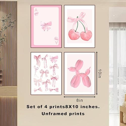 L0famy Preppy Prints Room Decor, Pink Bow Cherry Disco Ball Poster Wall Decor, Cute Balloon Dog Posters, Girls Bedroom Decoration Pink Photos For Bedrooms Dorm 8x10in Unframed thumbnail 6