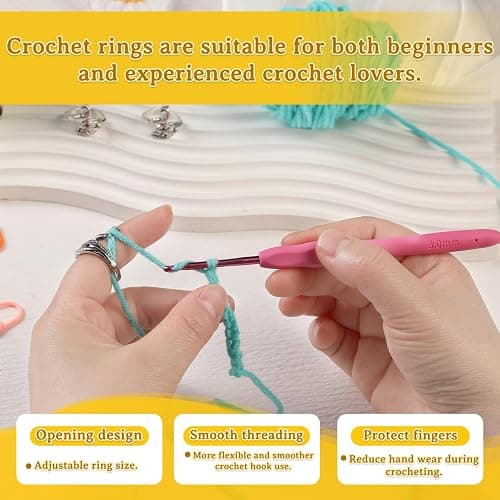 Yizzvb 3 Pcs Crochet Ring+30Pcs Stitch Markers, 6 Large Eye Blunt Needles, Adjustable Tension Rings for Finger Yarn, Knitting & Crochet Accessories Set for DIY Crafts,Crocheters Knitters thumbnail 7