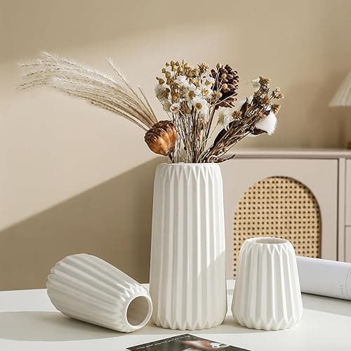 Sawoake Keramik Vasen Set von 3 - Weiße Matte Vasen für Pampasgras, Trockenblumen & Home Decor, Modernes Boho und Skandinavisches Design mit Natürlicher Textur（Wohnzimmer, Esszimmer, Hochzeitstisch） thumbnail 7