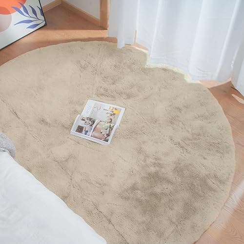 ORINOVA Teppich Beige Rund Flauschig 90 cm Kunstfell Runder Teppich Schlafzimmer Fellteppich Wohnzimmer Kinderzimmer Klein Deko Kuschelig Waschbar thumbnail 2