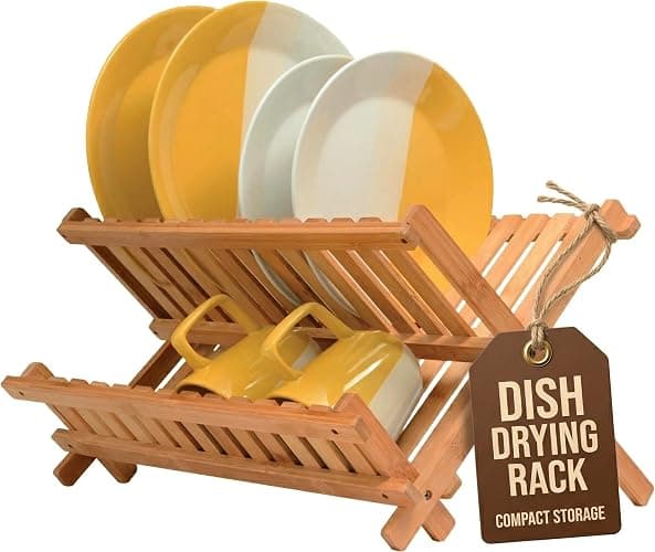 Dish Drying Rack - Bamboo Dish Rack for Kitchen Counter, Collapsible 2-Tier Wooden Drying Rack for Dishes, Plates, Cups, Utensils - Foldable Dish Drainer, Space-Saving Kitchen Drying Rack Organizer - Image 1