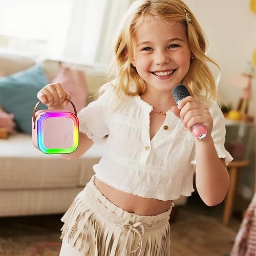 Kinglucky Mini Karaoke Machine for Kids, Top Birthday Gift Pick for Girls Ages 3, 4, 5, 6, 7, 8, 9, 10, 11, 12 Years Old, Kids' Personal Video Players Accessories with 2 Mics Singing Present Toy, Pink thumbnail 7