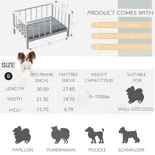 OSCHF Dog Bed with Rails - Elevated Pet Metal Bed Frame with Solid Wood Board and Washable Soft Mat for Small Dog Indoor or Outdoor Use, 21.3" x 30 ", White thumbnail 2