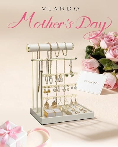 VLANDO Jewelry Stand Organizer with Ring Holder, Mothers Day Mom Gifts, Jewelry Holder Organizer with Tray, Necklace Holder Bracket Holder Earring Holder - Cloud White thumbnail 4