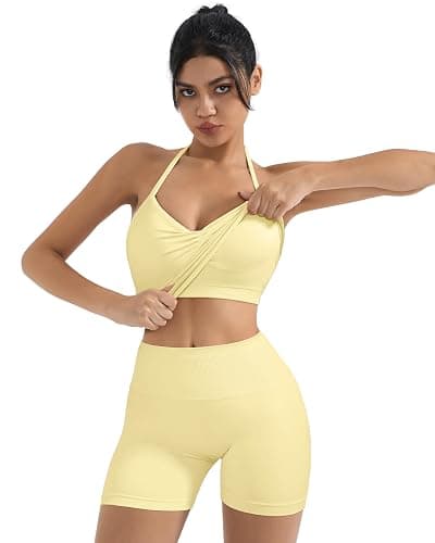 SUUKSESS Women 2 Piece Seamless workout Sets Halter Backless Impact Longline Strappy Tank Top Sport Gym Yoga Bike Shorts thumbnail 3