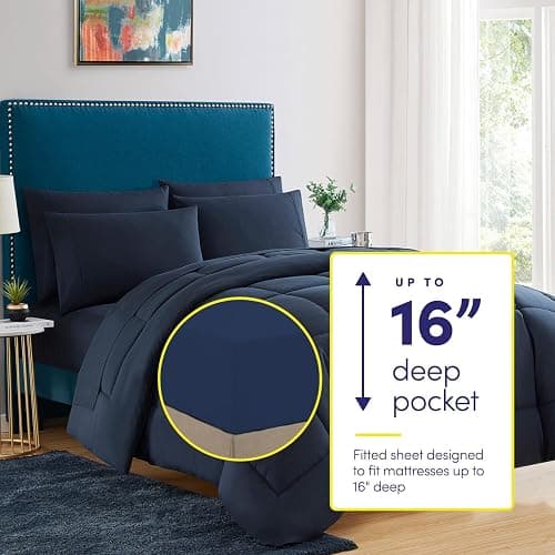 Full Size Comforter Set with Sheets - 7-Piece Bedding Collection - 1 Comforter, 1 Fitted Sheet, 1 Flat, 4 Pillowcases - Deep Pocket - Soft & Premium Quality - Ideal for All Seasons, Navy Blue - Navy - Full thumbnail 2