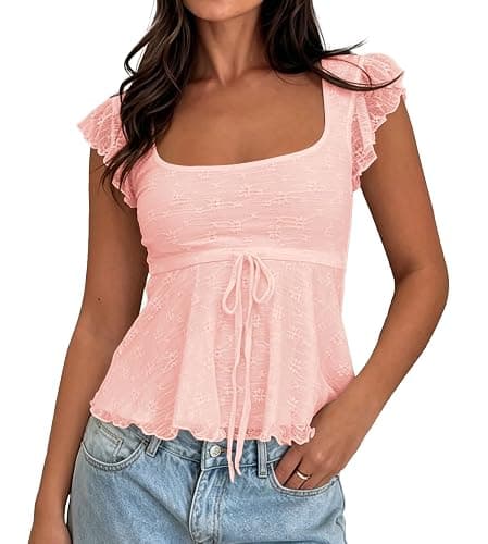 KIGRAD Women Boho Floral Mesh Layered Ruffle Peplum Crop Tank Tops Y2k Tie Front Cap Sleeve Lettuce Babydoll Cami Shirts - Image 1