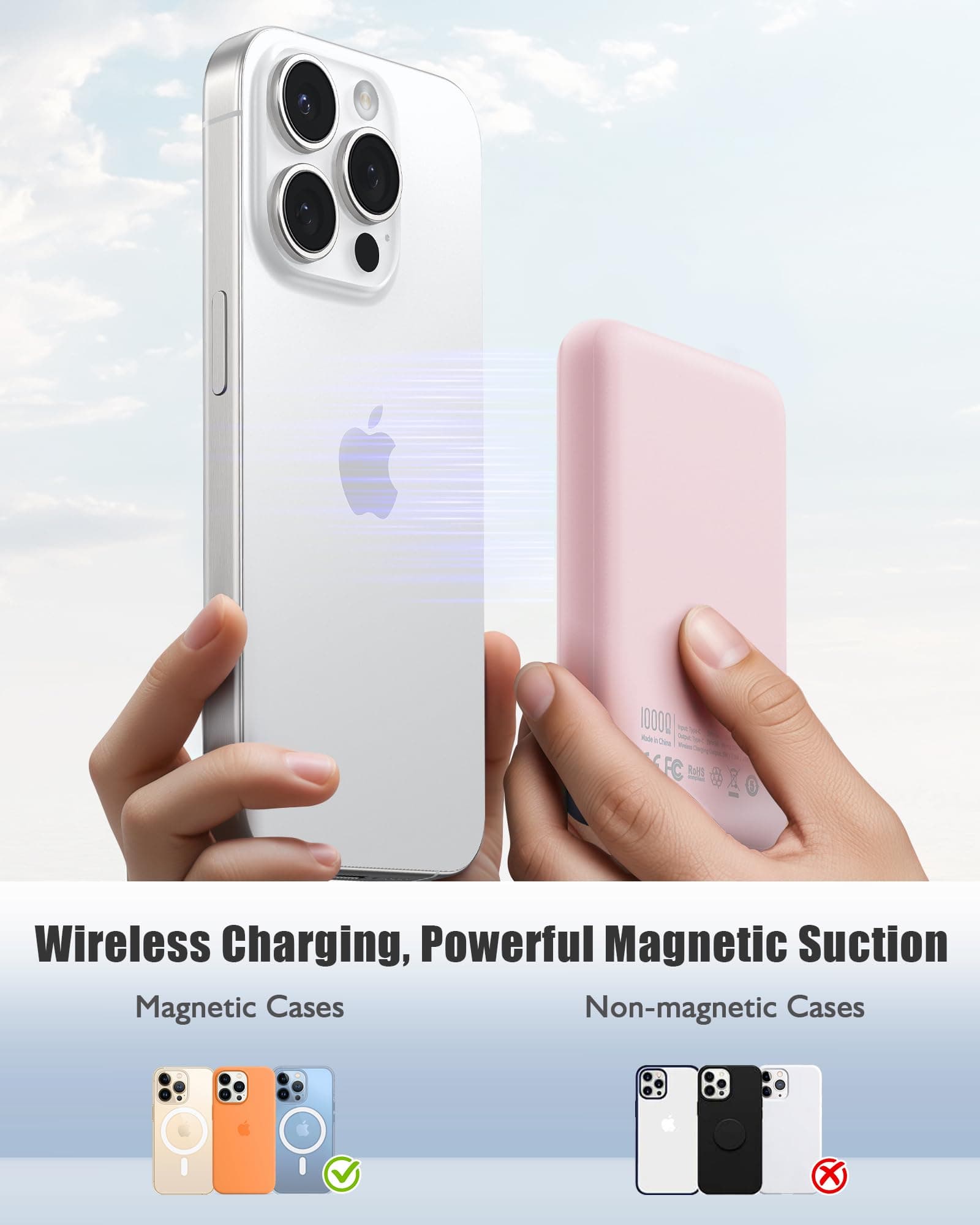 QECVEC Mag-Safe Power Bank - 10000mAh Magnetic Portable Charger with 15W Wireless Fast Charging & 20W PD Wired Charging, Compatible for iPhone 12/13/14/15/16 Series. (Pink) thumbnail 3