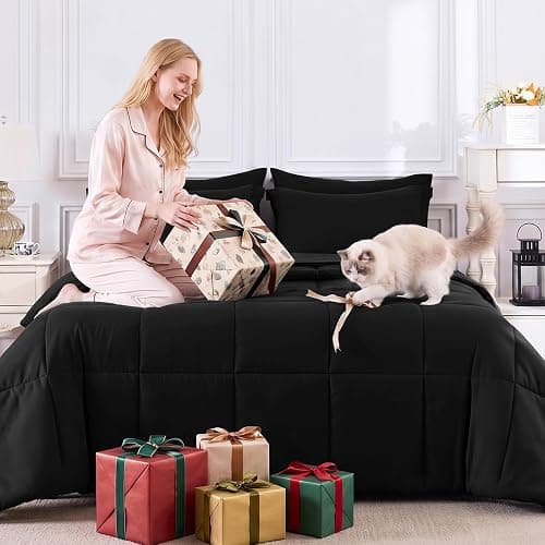 CozyLux Full Size Comforter Set Black - 7 Pieces Bed in a Bag Full, Oeko-Tex Certified Bed Set, All Season Soft Bedding Set with Down Alternative Comforter, Sheets, Pillowcases & Shams thumbnail 7