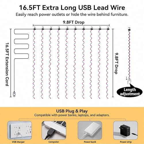 ZSJWL 300 LED Curtain Fairy Lights with Remote, 9.8 × 9.8 Ft, USB Plug in | 8 Modes, Waterproof, Twinkle Silver Wire, String Lights for Bedroom, Windows, Christmas, Wedding and Party Decor, Pink thumbnail 6