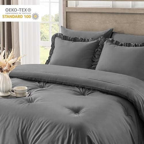 QUIETSEA Queen Bed in a Bag Dark Grey, 7 Pieces Comforter Set Queen | Ruffle Bedding Comforter Set, Shabby Chic Bed Set with Comforter, Pillowcases, Flat Sheet, Fitted Sheet and Pillow Shams thumbnail 4