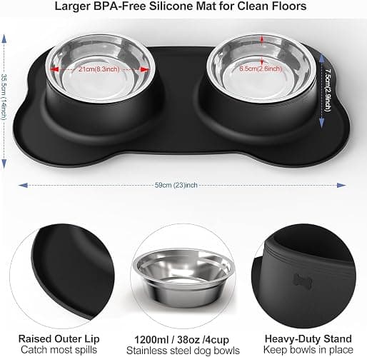 AsFrost Dog Food Bowls Stainless Steel Dog Bowls with No Spill Non-Skid Silicone Mat, Dog Food and Water Bowl Set, Dog Dishes for Small Medium Large Sized Dogs Pet Food Feeding Bowls, 4 Cup, Black thumbnail 2