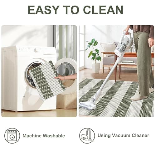 OJIA Green and White Striped Rug 24"x51" Washable Front Door Mat Hand Woven Entry Rug Cotton Indoor Outdoor Rug Small Checkered Rugs for Front Porch Kitchen Entryway Patio Bathroom - 2'x4.3' - Green/Beige thumbnail 4