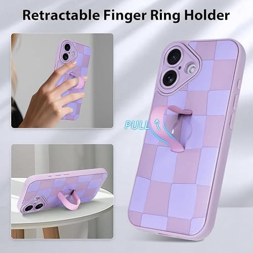 KANGHAR Compatible with iPhone 16 Case Checkered -Purple | Silicone Cute Pattern, Wristband Kickstand Camera Protection Soft Slim Cover for Girls Women thumbnail 6