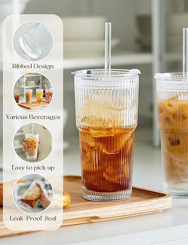 MINGHYZYA 20 oz Glass Tumblers, Iced Coffee Cups with Lids and Glass Straws, Thickened Wall Ribbed Glass Cups, Ideal for Smoothies, Cocktails, and Juices – Vintage and Durable Drinkware – 1 Pack thumbnail 5