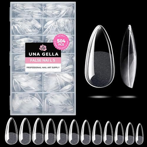 UNA GELLA Mandel Nail Tips, 504 Stück Gel Nagelspitzen Nagel Tips für Gelnägel Almond Full Cover Soft Gel Nails Tips für Acrylnägel & DIY Nagelkunst zu Hause 12 Größen - Image 1