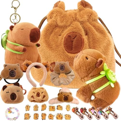Mangpung Capybara Plush Gifts Set, Include Keychain,Slap Bracelet,Bag,Hair clip/tie/Pins,Brooches Pins,Coin Purse - Image 1
