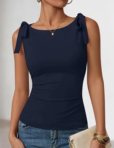 ZESICA Womens Cute Summer Tie Shoulder Going Out Y2K Tank Top | Boat Neck, Ruched Waist, Slim Fitted, Y2K Trendy Top, Shirts for Women thumbnail 4