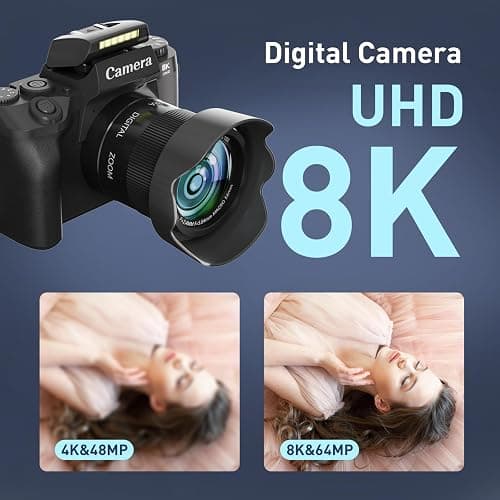 8K Digital Camera for Photography, WiFi & 4" Touch Screen Vlogging Camera for YouTube with Dual-Lens, 64MP Vlog Cameras 16X Digital Zoom with 32GB TF Card, 3000mAh Battery, Lens Hood, Black thumbnail 2