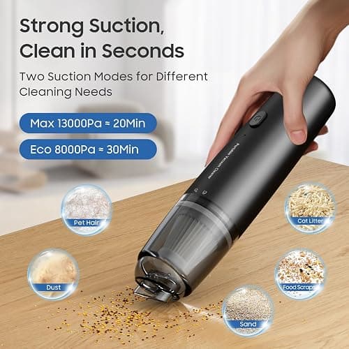 A9life Handheld Vacuum Cordless, Car Vacuum Cleaner Portable with HEPA Filter, 2 Suction Modes, Mini Hand Held Vacuum Rechargeable for Car, Home, Pet Hair, Office, Desk, Keyboards (Black) thumbnail 3