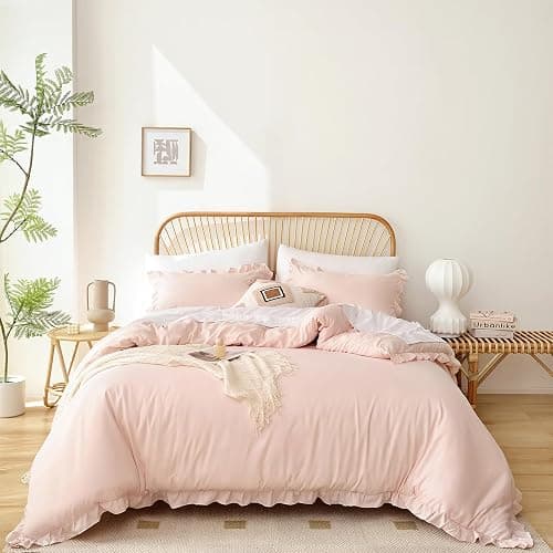 YIKUSH Queen Comforter Set Pink 3PCS (1 Ruffled Blush Comforter and 2 Pillowcases) Vintage Shabby Chic Bedding Soft Fluffy Comforter Set All Season thumbnail 2