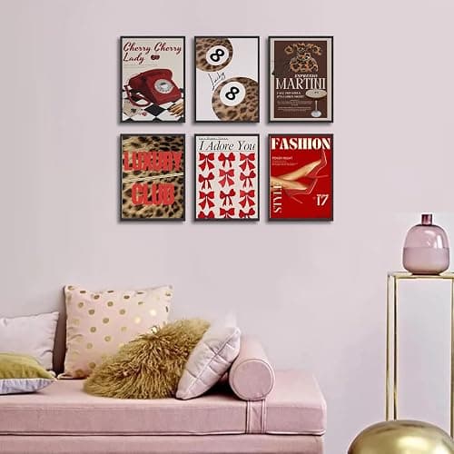 6Pcs Trendy Leopard Wall Art Gallery Girly Prints Red Fashion Wall Canvas Pictures Preppy Funky Aesthetic Lucky Decor posters prints for Girly Bedroom Dorm Apartment Living room Decorations Unframed thumbnail 6