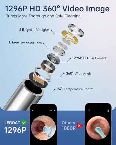Jegoat Ear Wax Removal, Ear Wax Removal Tool Camera with 1296P HD Camera and 6 LED Lights, Ear Cleaner with 10 Ear Pick, Upgraded Ear Wax Removal Kit for iOS and Android, Black thumbnail 3