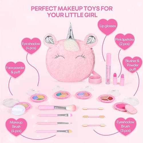 Kids Real Makeup Kit for Girls 3-10 Years Old : Washable Non Toxic Make Up Toys Sets for Toddler - 17Pcs Vanity Set with Unicorn Purse for Little Girl Ages 3 4 5 6 7 8 Birthday Gifts - Pink thumbnail 7
