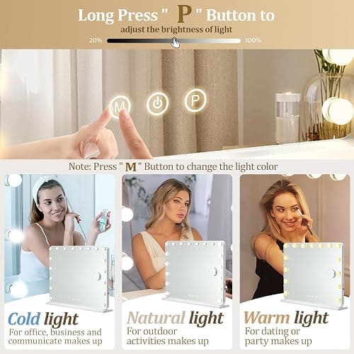 LZNIOZ Hollywood Vanity Mirror for Makeup: 58x48 cm - 3 Color Modes,15 Dimmable LED Bulbs,USB & TYPE-C Output Port,touch Screen, Tabletop or Wall Mounted for Women - Bedroom - 58L x 48W cm thumbnail 3