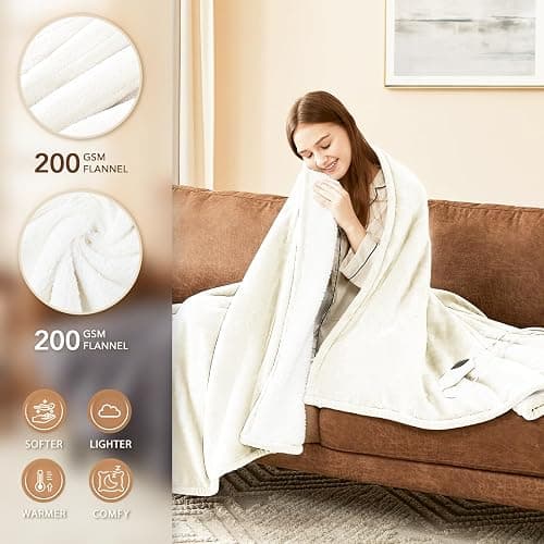 Homemate Heated Blanket Electric Throw - 50"x60" Heating Blanket Throw 1/2/4/6/8 Hours Auto-Off 10 Heat Level Over-Heat Protection Flannel Sherpa ETL Certification thumbnail 2