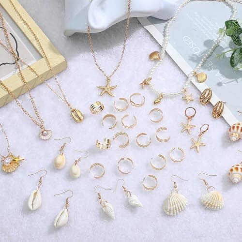NEWITIN 49 Pieces Gold Jewelry Set for Women Boho Beach Jewelry Set Summer Ocean Seashell Starfish Necklaces Bracelets Toe Rings Earrings for Women thumbnail 2