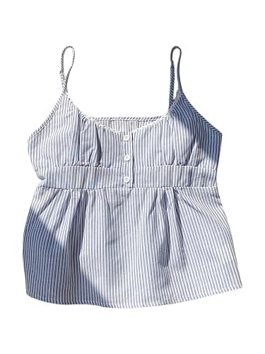 RoseSeek Women's Striped Button Front Flared Camisole Tops Shirred Spaghetti Strap Tank Top - Image 1