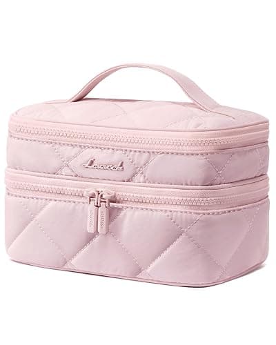 LOVEVOOK Kulturtasche Damen, Doppellagiger Puffer Kosmetiktasche Groß Kulturbeutel, Reise Leicht Make up Tasche mit Tragegriff, wasserdichte Schminktasche Waschtasche Kosmetikkoffer für Reisen, Rosa - Image 1