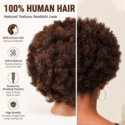 African Mannequin Head with 100% Human Hair Mannequin Head Curly Cosmetology Manican Mannequins Heads with Stand for Display Practice Braiding Styling Training Head Hair Styling thumbnail 3