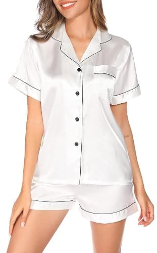 Vlazom Damen Satin Schlafanzug Kurzarm Satin Pyjama Set mit Knopfleiste Zweiteiliger Hausanzug - Image 1
