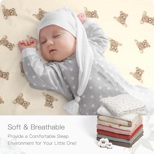 Organic Pack and Play Sheets Fitted 38”x26” 100% Muslin Cotton, Mini Crib Sheets Compatible with Graco/hiccapop/YENING/Dream On Me/Babylicious Pack N Play Mattress, Playard Bedding Sheet Bed Cover thumbnail 4