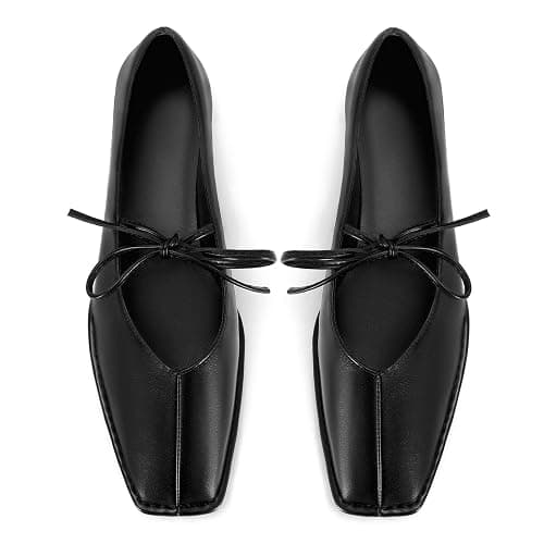 XBKXMK Lace Up Ballet Flats for Women Bow Square Toe Mary Jane Flats Slip On Leather Ballerina Shoes thumbnail 5