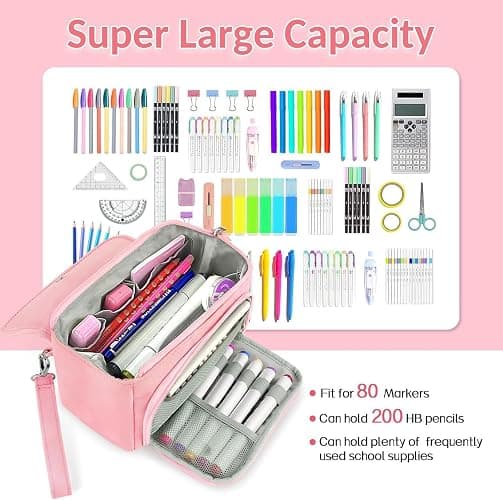 Sooez Super Large Pencil Case, Big Capacity Pencil Bag with 3 Compartments, Hold 200 pencils, Cute Pencil Pouch with Zipper, Portable Stationery Pen Bag, Aesthetic School Supplies For Girls, Pink thumbnail 6