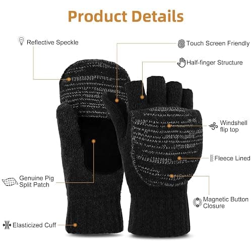 BERGWEISER Flip Winter Gloves, Wool Fingerless Gloves for Women Men Cold Weather, Mittens with Reflective for Christmas thumbnail 6