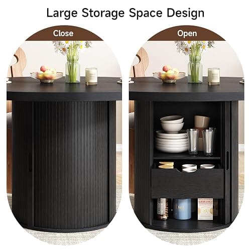 47 inch Round Dining Table for 4, Circle Kitchen Table with 2-Layer Storage Shelf and a Drawer, Modern Farmhouse Dinner Tables with Sliding Door and Wood Strip Base for Kitchen, Living Room (Black) thumbnail 3