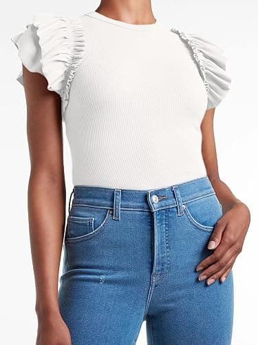 Womens Ruffle Short Sleeve Shirts Slim Fit High Neck Knit Ribbed Tops | Flutter sleeve Tops,Cute Puff Sleeve Tops,Summer Shirt thumbnail 2
