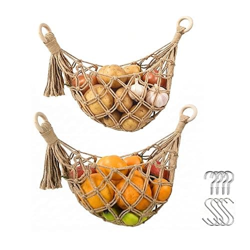 Halidali Hanging Fruit Hammock for Kitchen Under Cabinet, 2 Pack Basket Fruit Holder Net Boho Handwoven Vegetable Storage Organizing Saves Counter Space for Potato, Onion, Gifts (Linen) - Image 1
