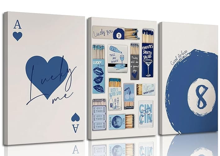 3 Pcs Framed Blue Vintage Matchbox wall art lucky Trendy Red Hearts Playing Wall decor picturesCard Pool Ball Paintings Aesthetic canvas posters prints for girl dormitory apartment Home Decoration - Canvas - 12x16in - Image 1