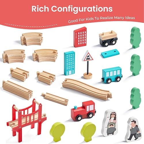 Tiny Land Wooden Train Set for Toddler - 39 Pcs- with Wooden Tracks Compatible with Major Brands - Expandable, Changeable-Train Toy for 3 4 5 Years Old Girls & Boys thumbnail 4