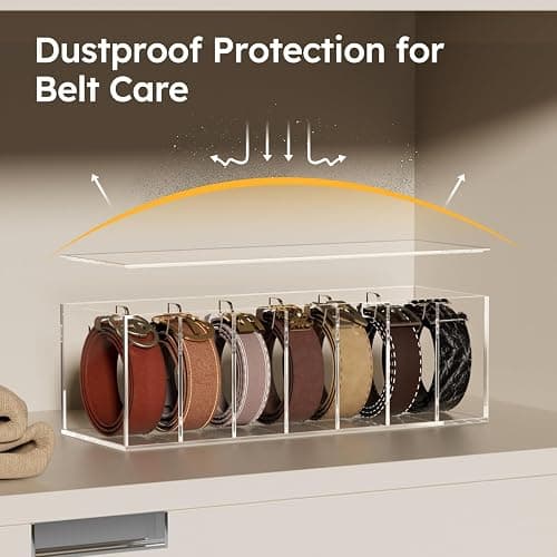 FEMELI Belt Organizer, Acrylic Belt Storage for Closet with Dust Cover, 7 Compartments Belt Container Display Holder for Drawer, Clear Belt Tie Case for Women Men Home thumbnail 3
