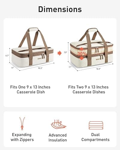TOURIT Casserole Carrier Chic Double Decker Insulated Casserole Carriers for Hot or Cold Food Lasagna Lugger Tote for Picnic Cookouts Potluck Fits 9''x 13'' Baking Dish thumbnail 2