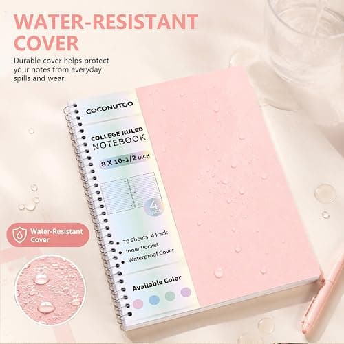 CoconutGo 4 Pack Spiral Notebooks, 1 Subject College Ruled, 10.5 x 8 in, 70 Sheets Each, 3-Hole Punched Perforated Pages, Plastic Covers with Pockets, Silver Coil, Assorted Colors thumbnail 3